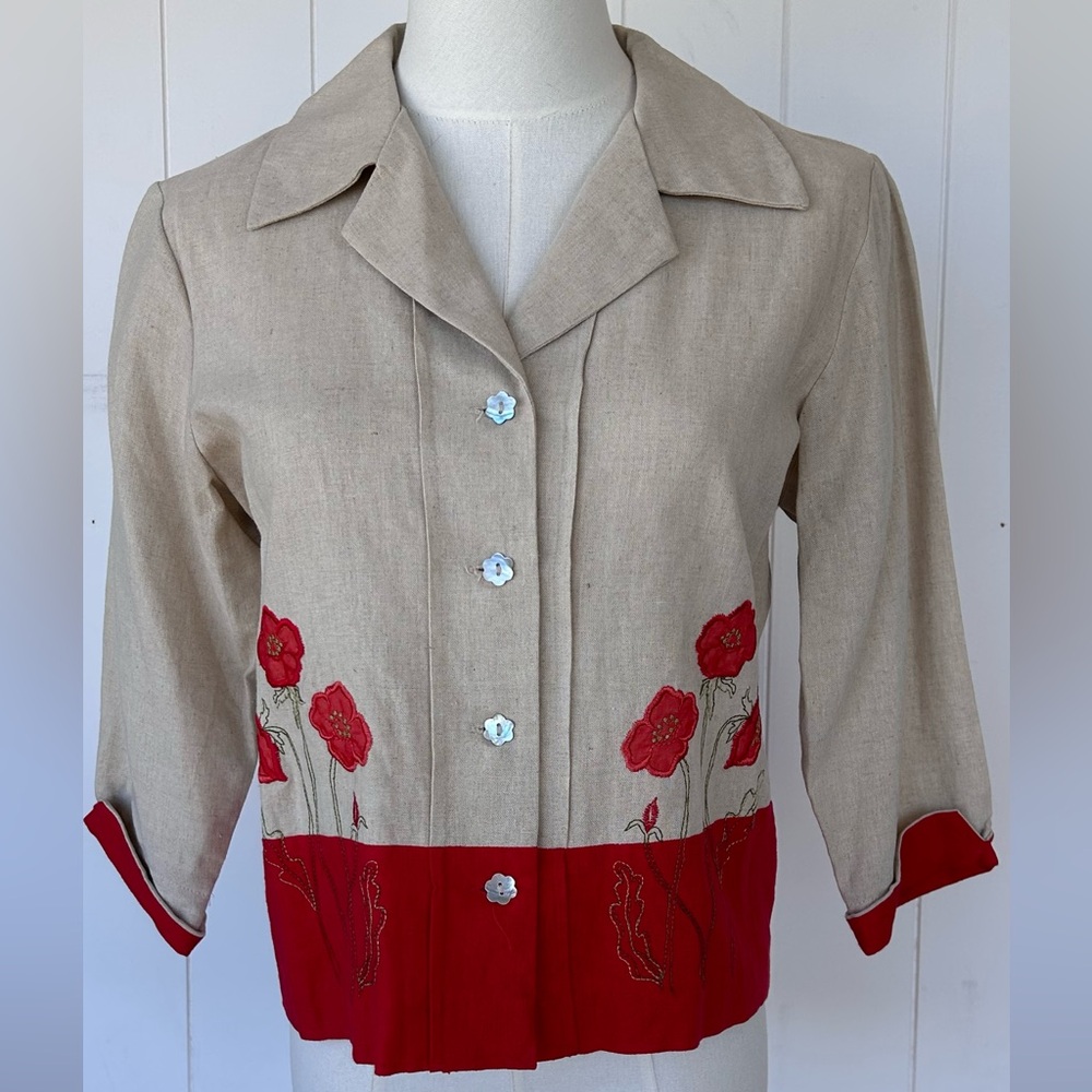 Coldwater Creek Women’s Linen Poppy Appliqué Jacket Size 4 Petite